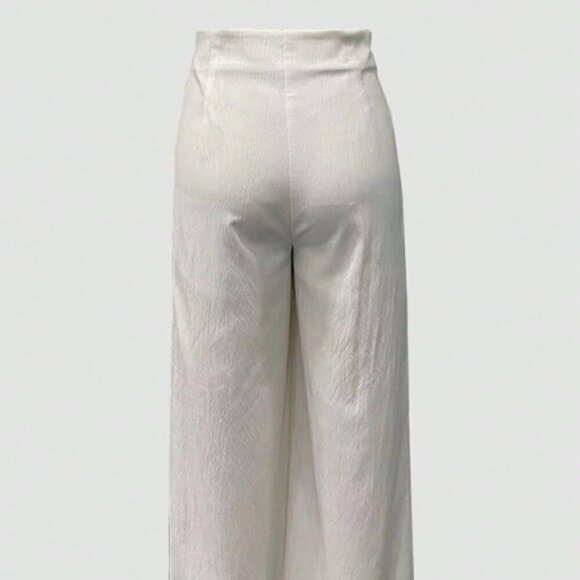 White Boho Women's Casual Solid Color Pleated Wide Leg Pants - Picture 3 of 4